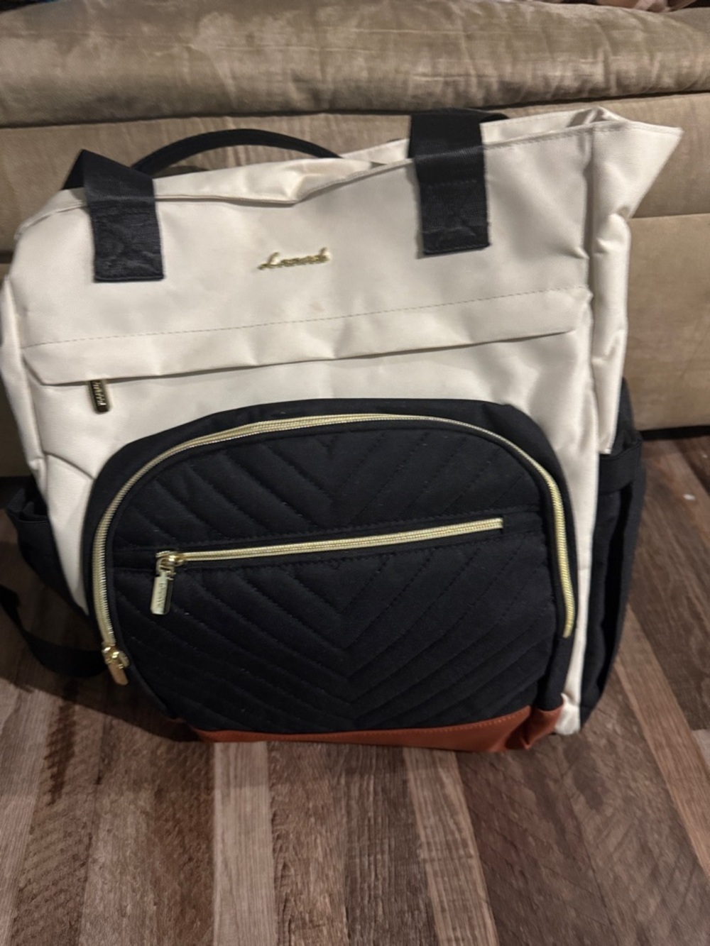LAVISH Cream and Black Quilted Backpack Tote with Brown Trim by lovevook